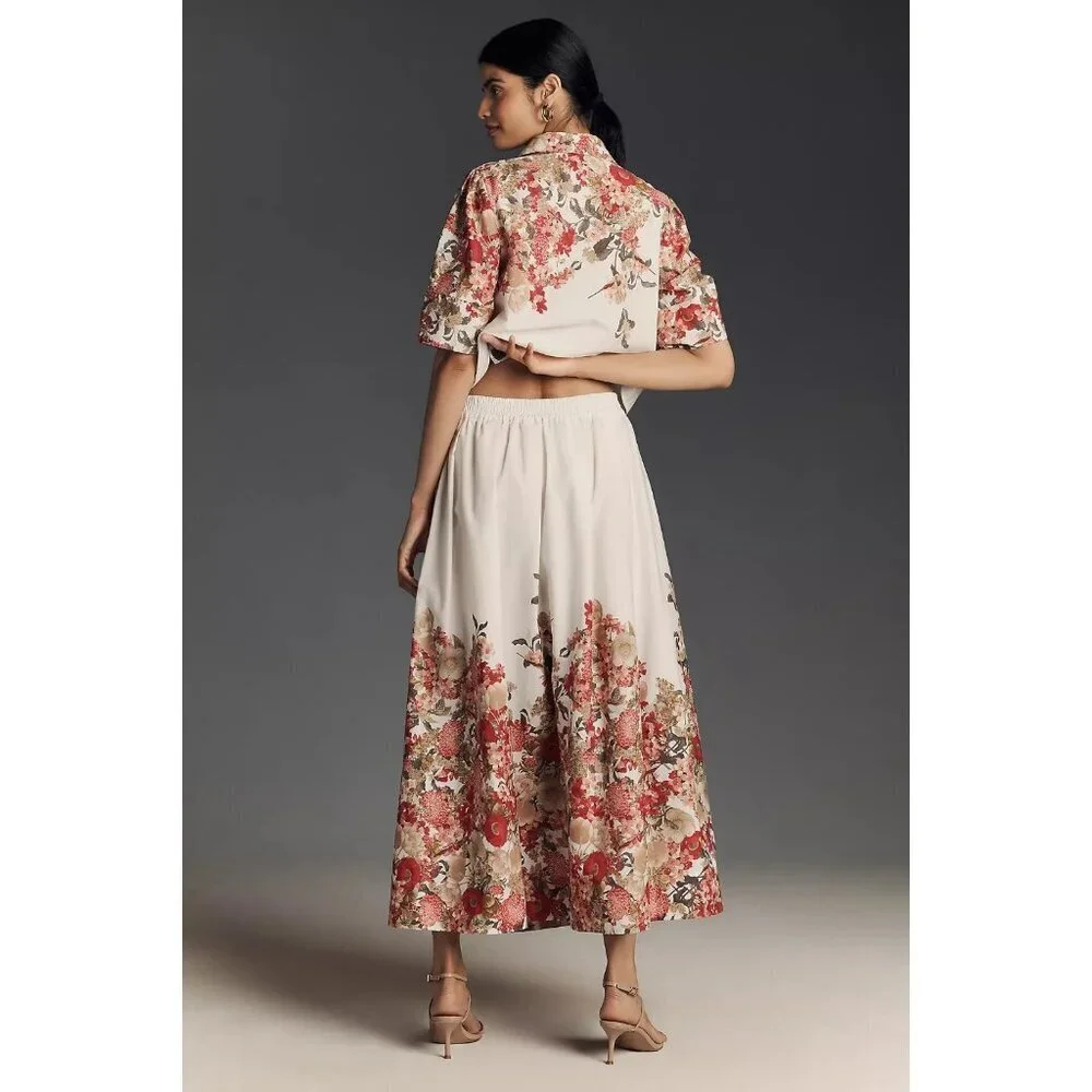 Maeve Pull-On Circle Skirt White Brown Red Floral 3X